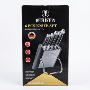 جعبه مشکی سرویس چاقو برلینتون ۶ پارچه مدل KBB-01C با پایه چوبی فلزی و تیغه‌های استیل