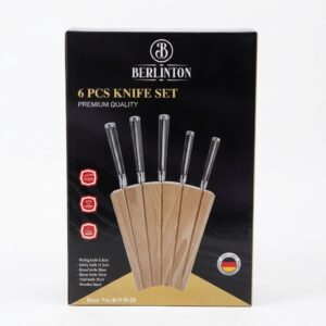 جعبه مشکی سرویس چاقو ۶ پارچه برلینتون مدل KWB-28 با پایه چوبی روشن و تیغه‌های استیل