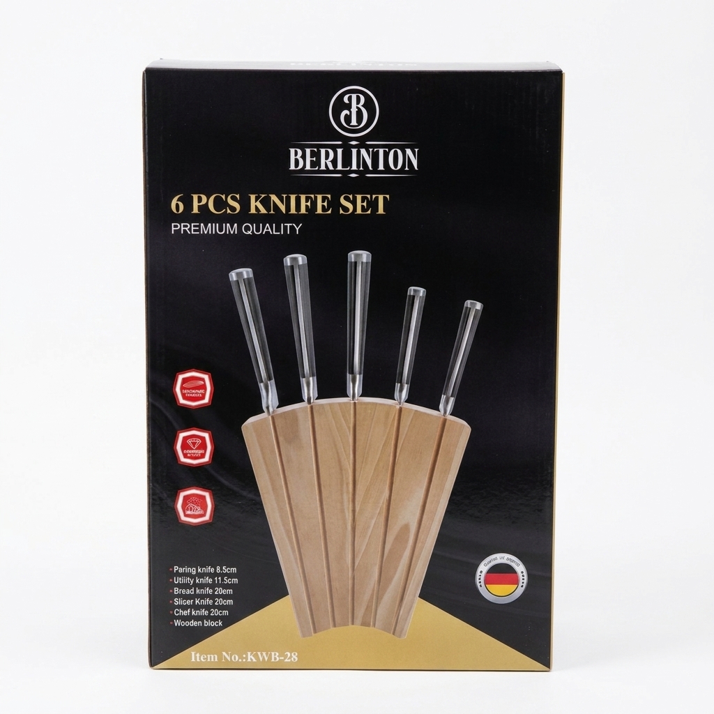 berlinton-6-piece-knife-set-kwb28 جعبه مشکی سرویس چاقو ۶ پارچه برلینتون مدل KWB-28 با پایه چوبی روشن و تیغههای استیل