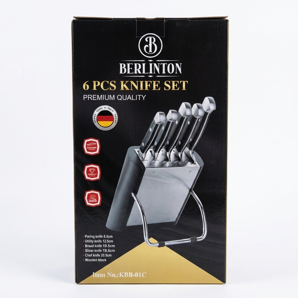 جعبه مشکی سرویس چاقو برلینتون ۶ پارچه مدل KBB-01C با پایه چوبی فلزی و تیغه‌های استیل